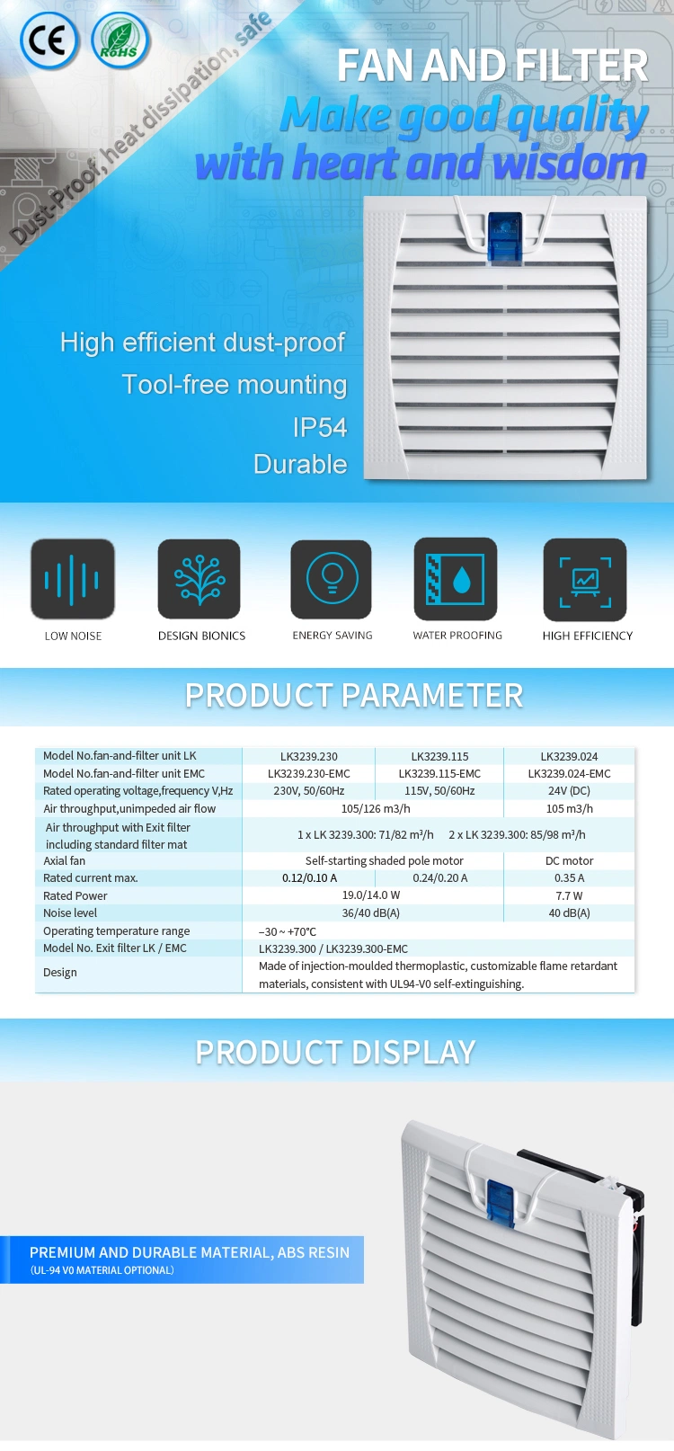 Indicator Light Available IP54 204mm Electrical Cabinet Ventilation Enclosure Filter Fan